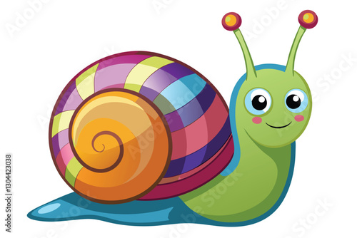 Colorful cartoon snail with vibrant shell design and smiling face, ideal for children's illustrations and educational materials, showcasing creativity and joy