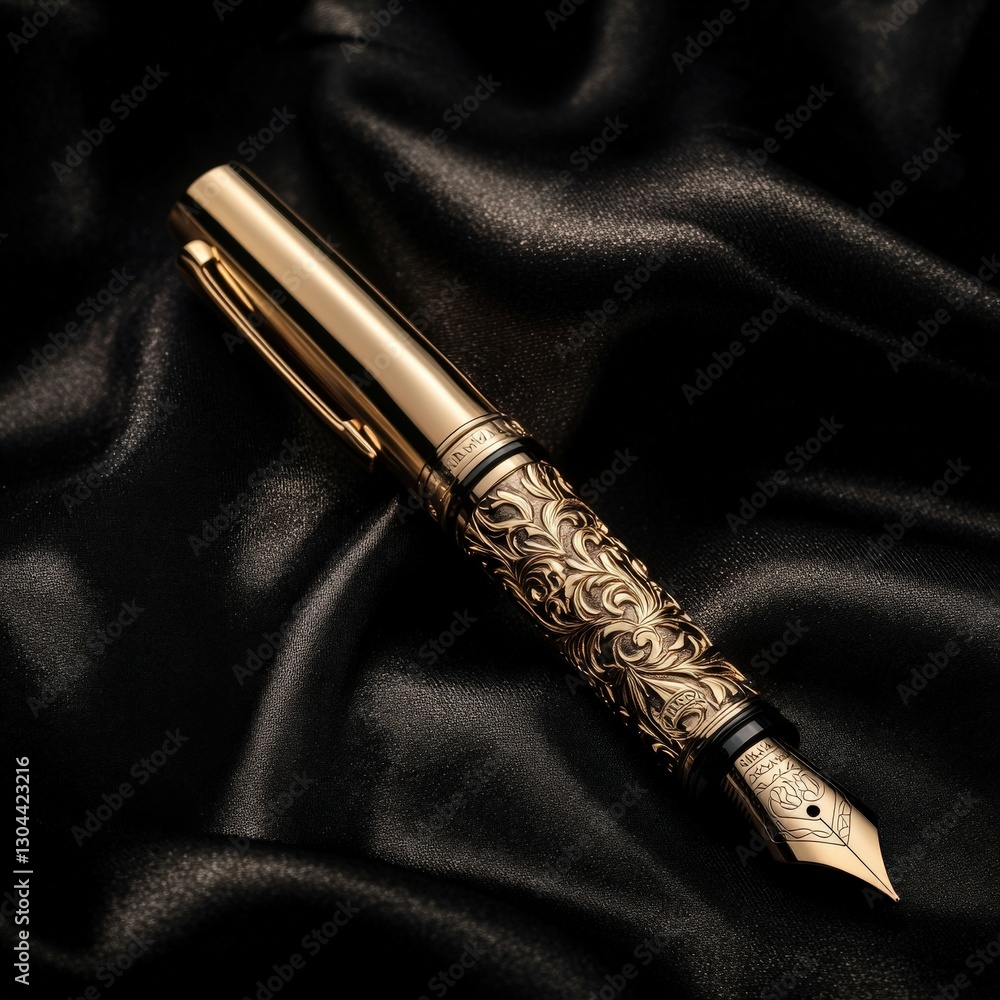 Naklejka premium Elegant gold fountain pen resting on dark satin fabric