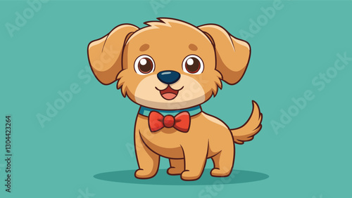 Cute vector illustration of a small blue dog with a bow tie sitting happily against a soft blue background