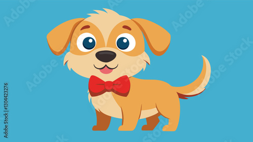Cute vector illustration of a small blue dog with a bow tie sitting happily against a soft blue background