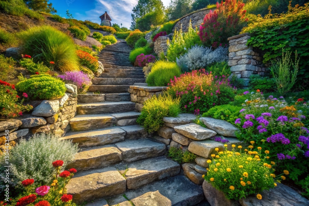 Aerial View of Stone Steps and Herb Garden in Miniature Rockery Aerial View of Stone Steps and Herb Garden in Miniature Rockery