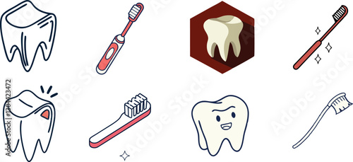 Several isometric icons on the topic of dentistry and dental care - teeth and toothbrushes