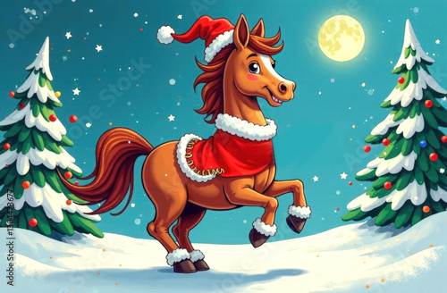 Funny horse in a Christmas Santa Claus costume.