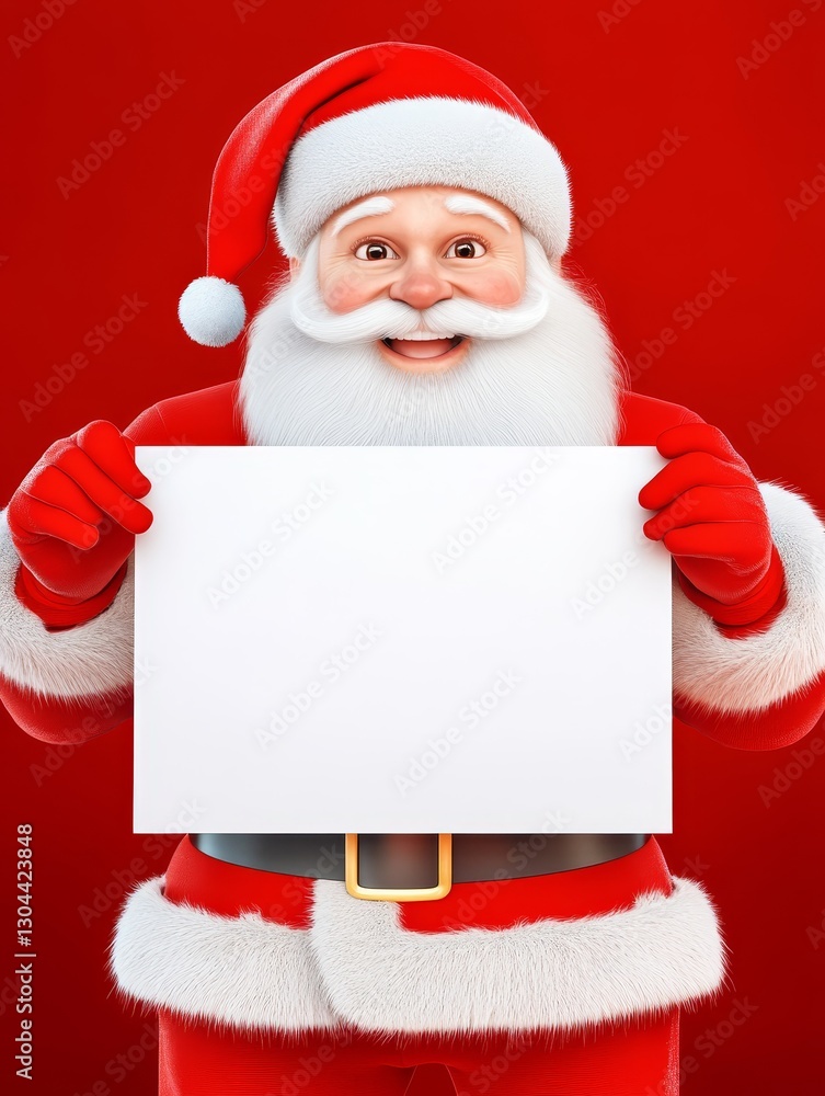 Naklejka premium Jolly Santa Claus Holding a Sign - Cheerful Santa Claus holds a blank sign, symbolizing Christmas wishes, holiday greetings, festive announcements, promotional offers, and seasonal joy