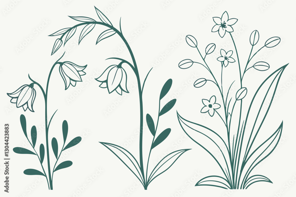Naklejka premium Illustration of delicate flowers and leaves in simple line art style set against a soft pastel background