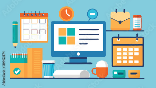 Creative workspace illustration featuring a computer, clock, calendar, and office supplies for productivity and organization