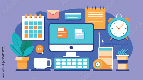 Creative workspace illustration featuring a computer, clock, calendar, and office supplies for productivity and organization