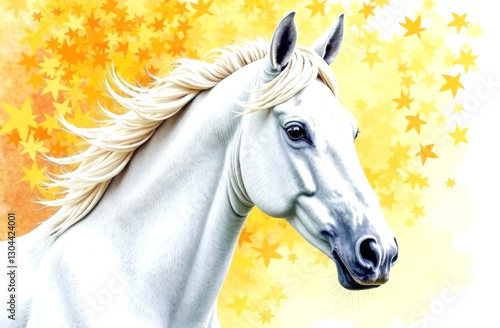Portrait of a white horse with fluttering hair on an autumn background.