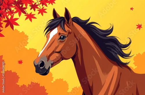 Portrait of a brown horse on an autumn background.