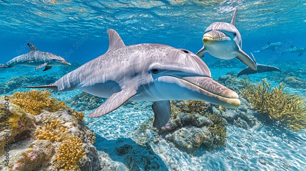 Obraz premium Playful Dolphins Swimming in a Vibrant Coral Reef