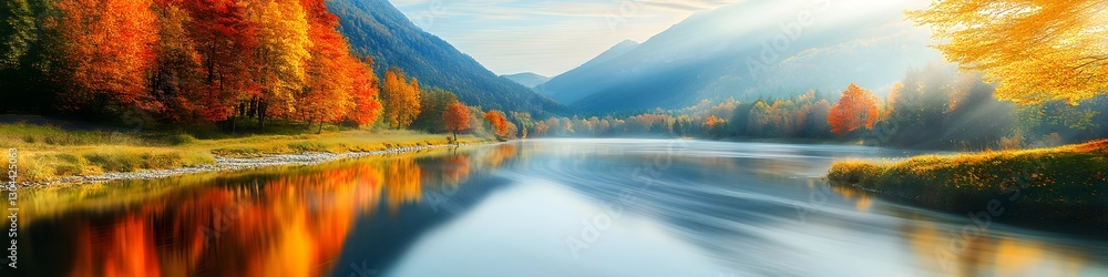 Fototapeta premium Breathtaking Autumn Lake with Mountain Reflection in Golden Light
