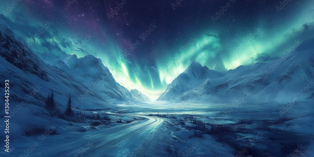 Fototapeta premium Stunning aurora borealis illuminates snowy mountains at night