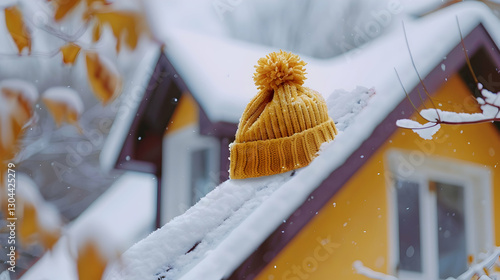 Proper insulation during the cold winter heating season. Cozy house with knitted cap placed on the roof. Energy efficiency and warmth. Save electricity with effective home insulation