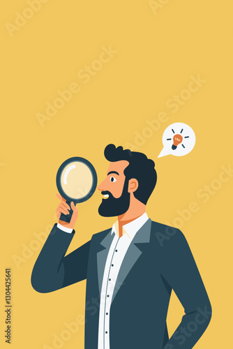 Businessman Using Magnifying Glass to Search for New Business Idea, Concept of Creativity and Identifying Business Opportunities