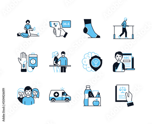 Physical and psychological assistance - line design style icons set