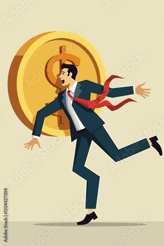 Economic crisis concept, falling businessman with giant dollar coin, financial instability and monetary policy issues