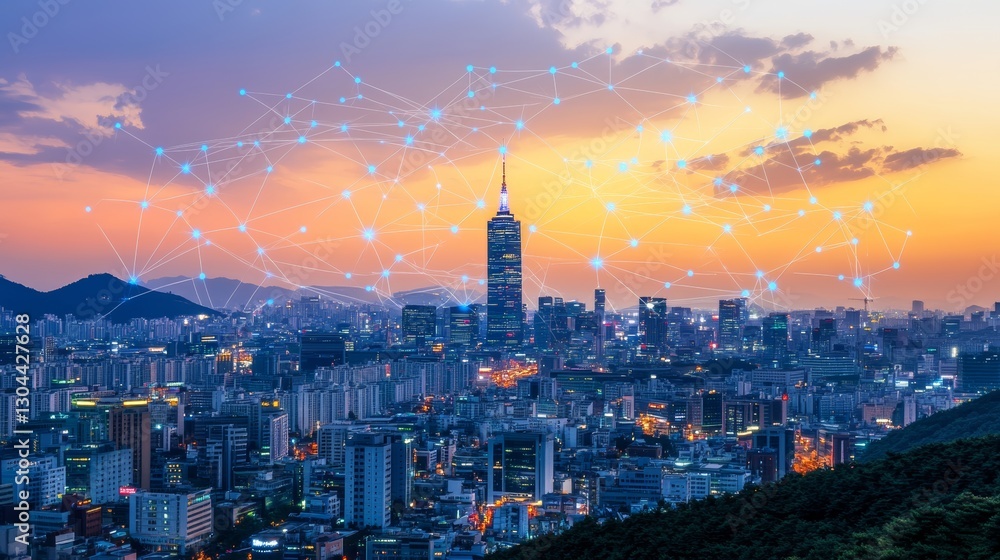 Obraz premium Modern Seoul Cityscape At Sunset With Network Connections Smart City and Innovation Concept
