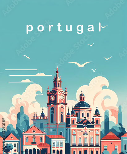 Portugal - A Minimalist Travel Poster Showcasing the Beauty of Historic Architecture and Scenic Landscape