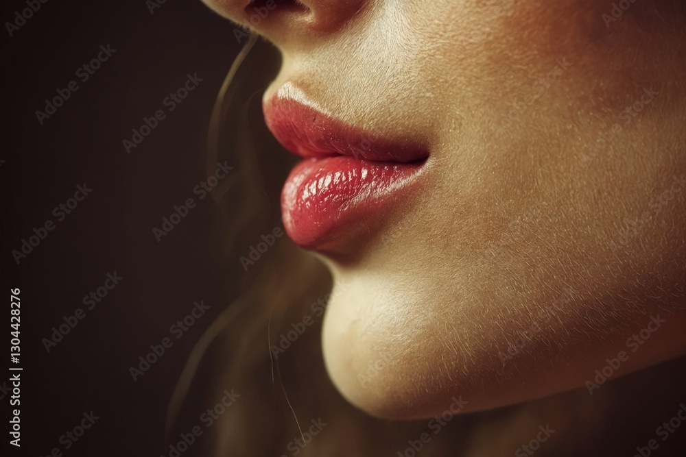 Primer plano de labios con brillo, resaltando la sensualidad y la textura de la piel. Primer plano de labios con brillo, resaltando la sensualidad y la textura de la piel.