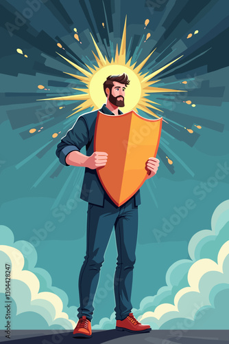 Protecting Mental Well-being, Overcoming Depression and Anxiety with Support and Resilience, Metaphorical Illustration of Man Shielding from Emotional Storm