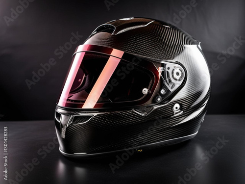 Sleek Carbon Fiber Racing Helmet with Red Iridium Visor: A Striking Motorsport Image