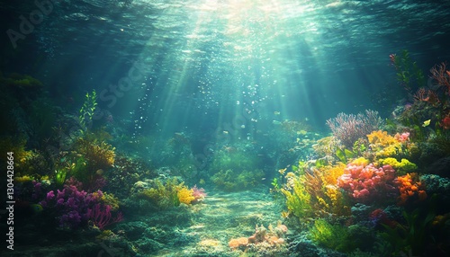 Wallpaper Mural Vibrant underwater scene with sunbeams illuminating colorful coral reef and marine life.  Perfect for nature, ocean, and environmental themes. Torontodigital.ca