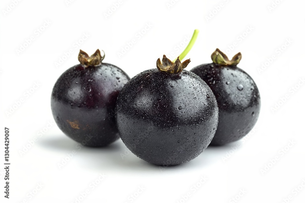 Tres frutas negras brillantes con gotas de agua, resaltando su frescura y atractivo natural.