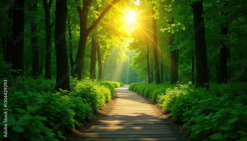 Obraz premium Lush forest, sunlight filtering, raised wooden walkway, path, botanical, outdoor