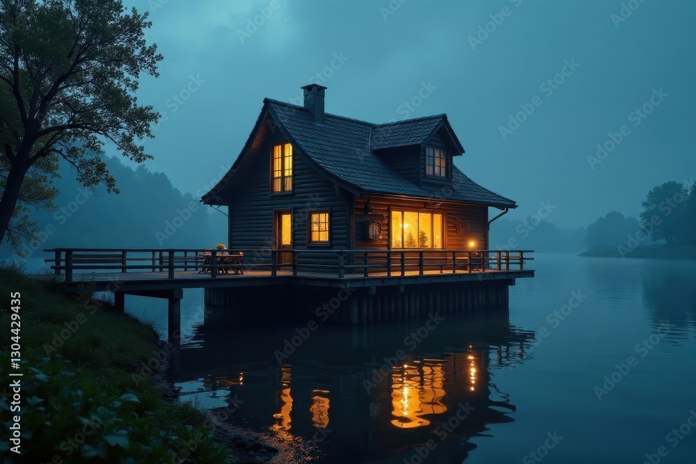 Floating home, illuminated by unsettling glow, accessed by old bridge, silhouette, lake Floating home, illuminated by unsettling glow, accessed by old bridge, silhouette, lake