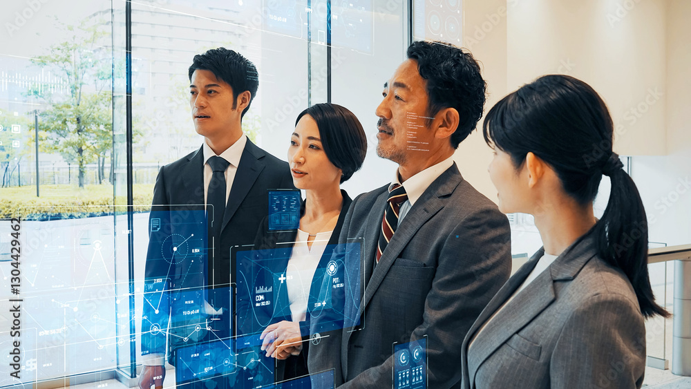 Obraz premium 会社員グループとデジタルデータ