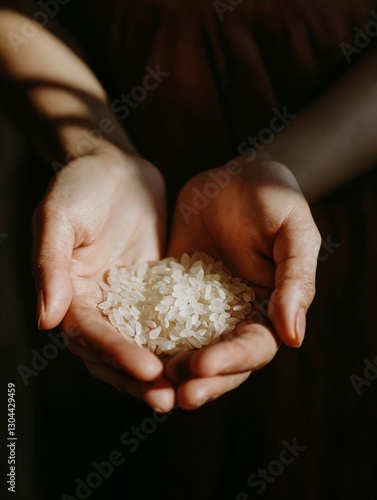 Energía de la naturaleza en manos humanas, con arroz delicadamente sostenido. photo