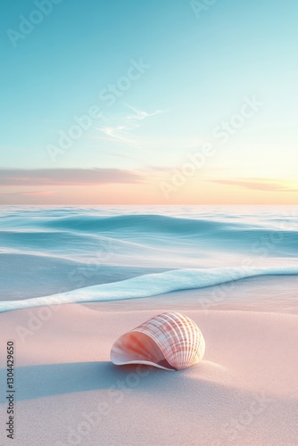 Serene seashell resting on soft pink sand at sunrise