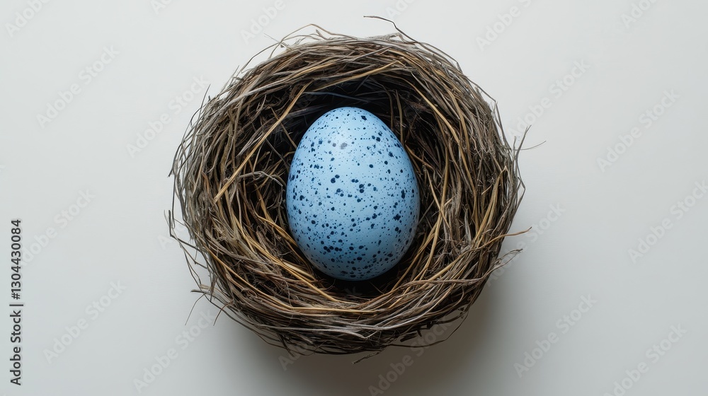 Obraz premium A flatlay, top-down view of a vibrant blue speckled Easter egg nestled within a cozy straw nest against a pristine white backdrop, creating ample space for adding text or a design to enhance the