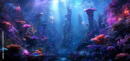 Wide-angle view of underwater utopia  vibrant coral cities  luminous sea creatures  dramatic lighting and ethereal colors