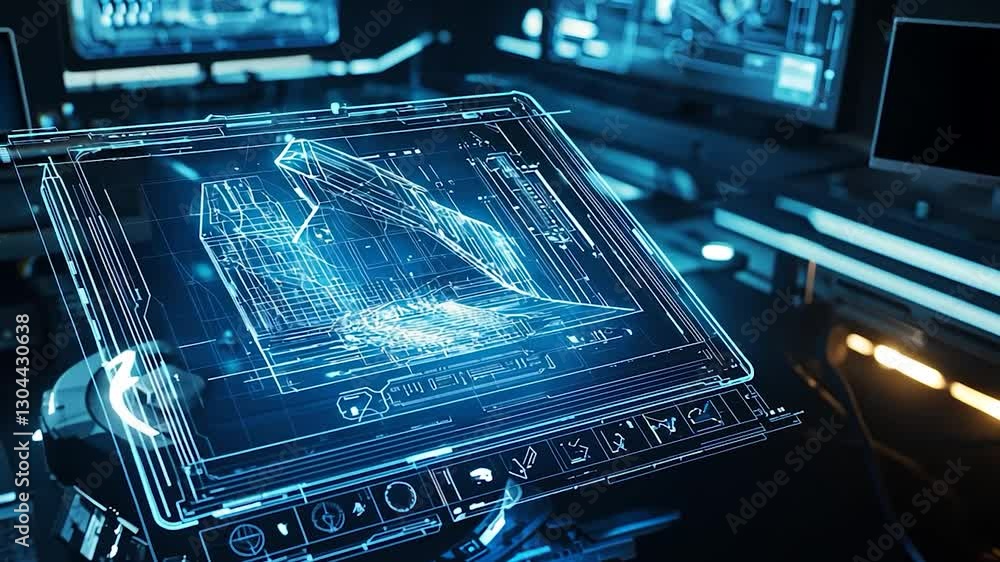 Futuristic control room displaying holographic data on a transparent screen with advanced technology Futuristic control room displaying holographic data on a transparent screen with advanced technology