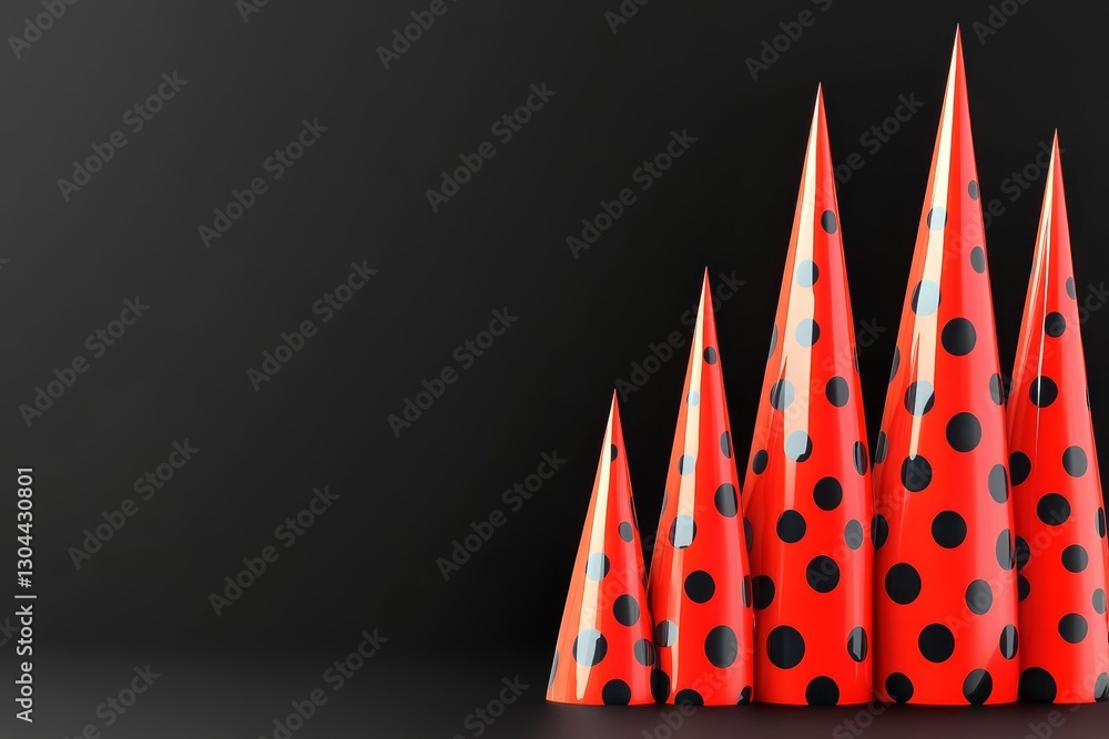 Fototapeta premium Polka Dot Cones on Black - Five red and black polka dot cones arranged in ascending size against a black background. Symbolizing growth, celebration, design, pattern, and geometry