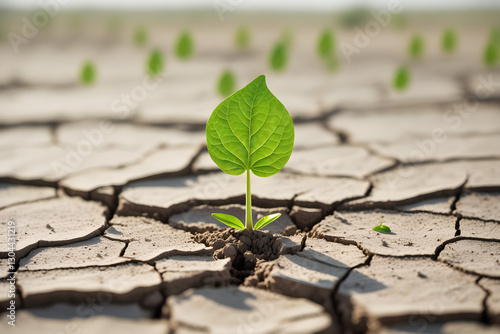 Hope and Sustainability; Green Leaf Sprouting from Dry, Cracked Soil Symbolizing Environmental Growth, Nature, and Renewable Energy; Sustainability & Eco-Friendly Concept