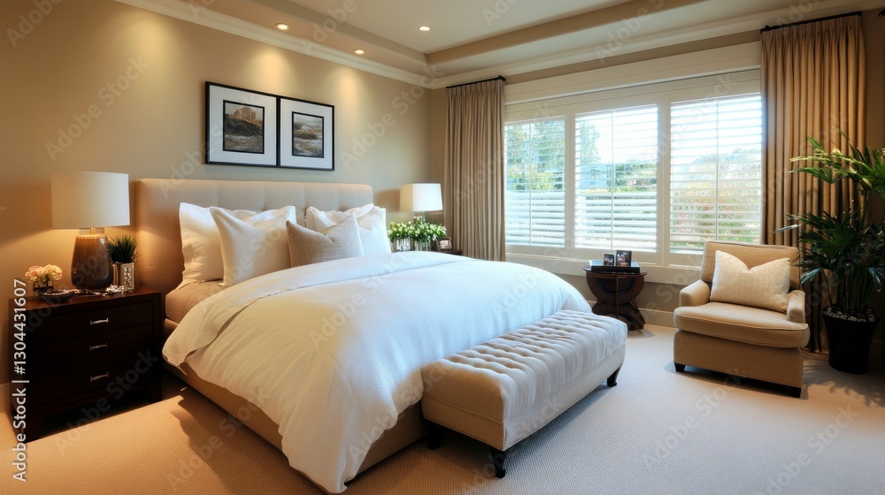 Elegant Master Bedroom Interior With Neutral Tones, Soft Lighting, And A Luxurious Feel. Elegant Master Bedroom Interior With Neutral Tones, Soft Lighting, And A Luxurious Feel.