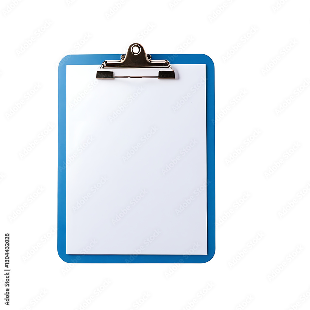 A blue clipboard with a blank white sheet of paper, isolated on a white background. Perfect for office themes, organizational imagery, or note-taking illustrations. Can be used for presentations or do A blue clipboard with a blank white sheet of paper, isolated on a white background. Perfect for office themes, organizational imagery, or note-taking illustrations. Can be used for presentations or do