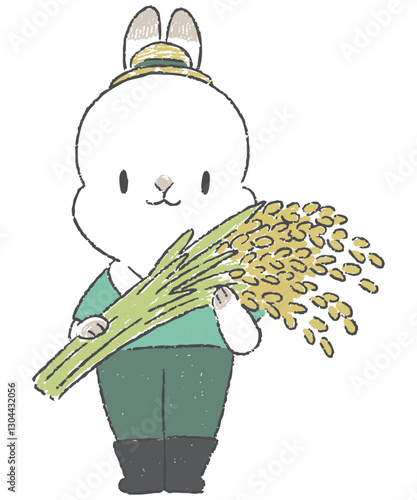米を収穫する農家のうさぎのキャラクターの手書きイラスト