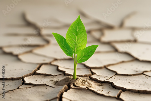 Hope and Sustainability; Green Leaf Sprouting from Dry, Cracked Soil Symbolizing Environmental Growth, Nature, and Renewable Energy; Sustainability & Eco-Friendly Concept