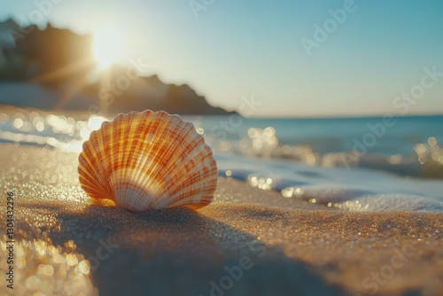 Shell on sandy beach at sunset with soft wave reflections