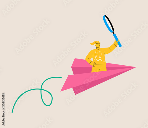 Woman with magnifying glass on a paper plane. Search new idea concept. Colorful vector illustration