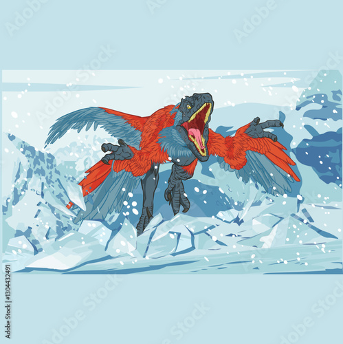 Pyroraptor in the snowy mountains, Snowstorm, Paravian, dromaeosaurid, Late Cretaceous, dinosaur