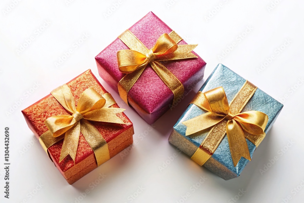 Aerial View: Three Beautifully Wrapped Gifts Isolated on White Background - Perfect for Holiday or Birthday Cards Aerial View: Three Beautifully Wrapped Gifts Isolated on White Background - Perfect for Holiday or Birthday Cards