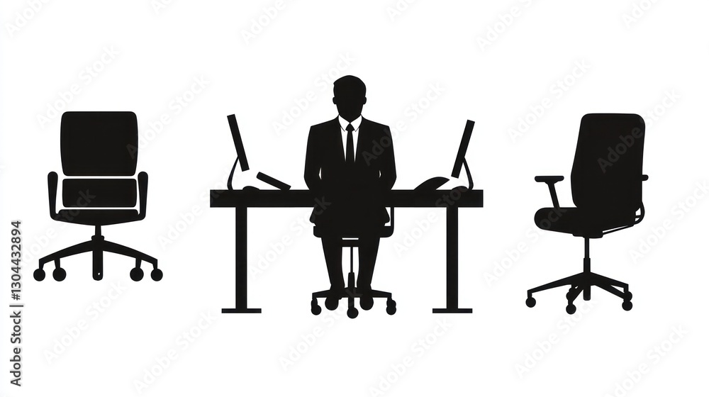 Fototapeta premium Businessman seated at desk, office chairs flanking