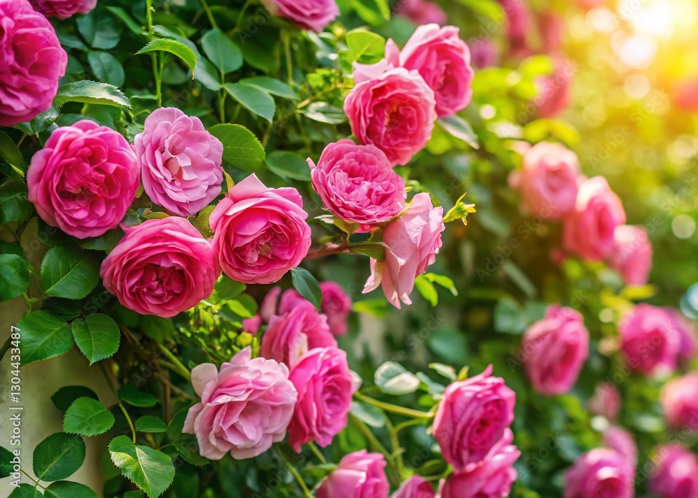 Obraz premium Aerial View Vibrant Pink Climbing Roses Blooming Vine - Stock Photo