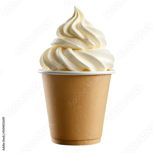 A swirl of vanilla soft serve in a plain paper cup, isolated on a white background. Ideal for dessert menus, summer treat illustrations, or food photography. Can be used for cafe promotions or ice cre photo