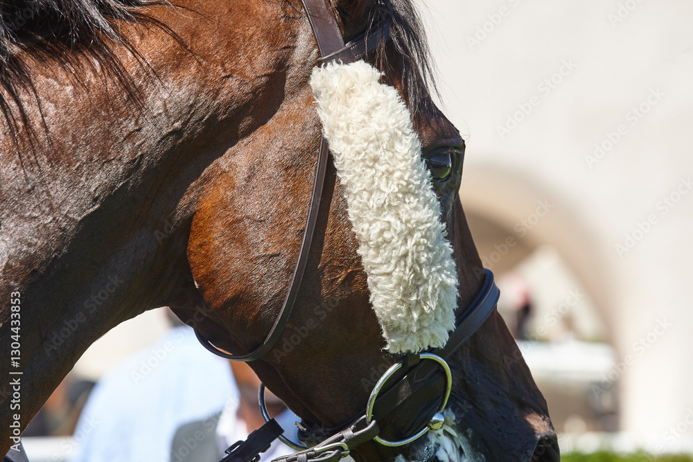 Race horse head detail. Purebred in the hippodrome. Turf