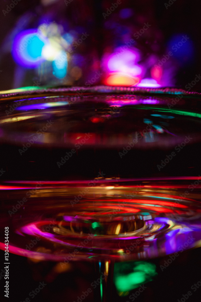 Abstract multicolour background. New Year lights. Blurred colourful light on champagne glass. Rainbow flash in dark. Futuristic shiny background. Illuminated effect. Bright glowing.
